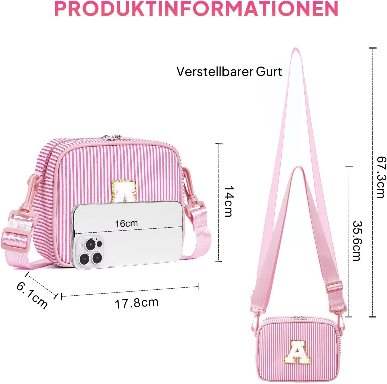 Thumbnail 3 de YOOLIFE Personalisiert Umhängetasche Mädchen – Monogramm-Umhängetasche in Rosa, personalisierbar