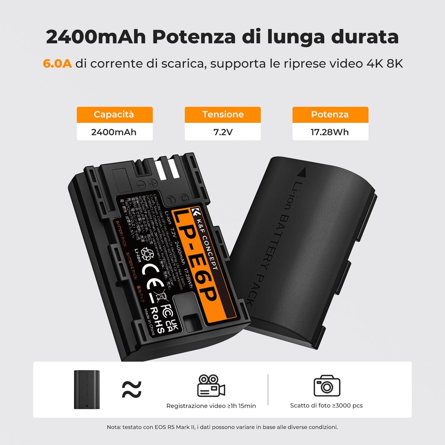 Detalle 2 de K&F CONCEPT LP-E6P Batteria 2400mAh per Canon