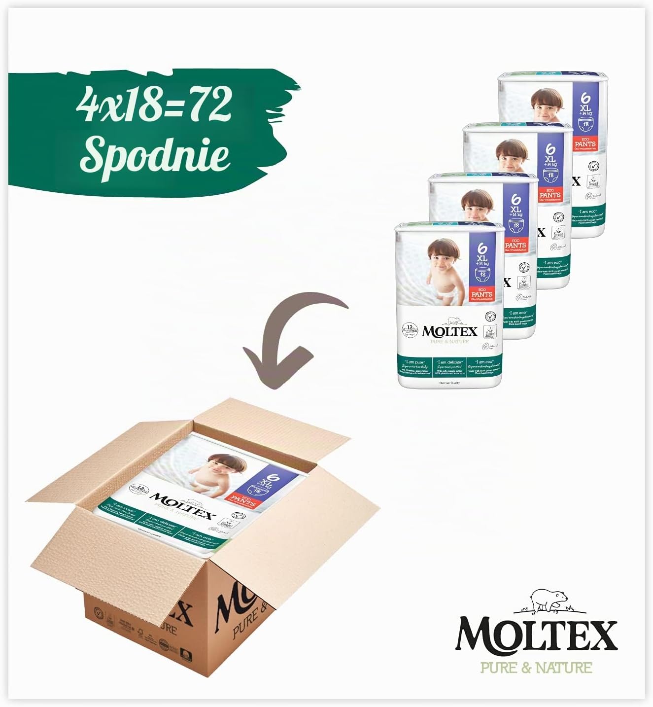 Thumbnail 1 de Moltex Pure & Nature Eco Pants, pieluchomajtki rozmiar 6 (+14 kg), 72 szt.