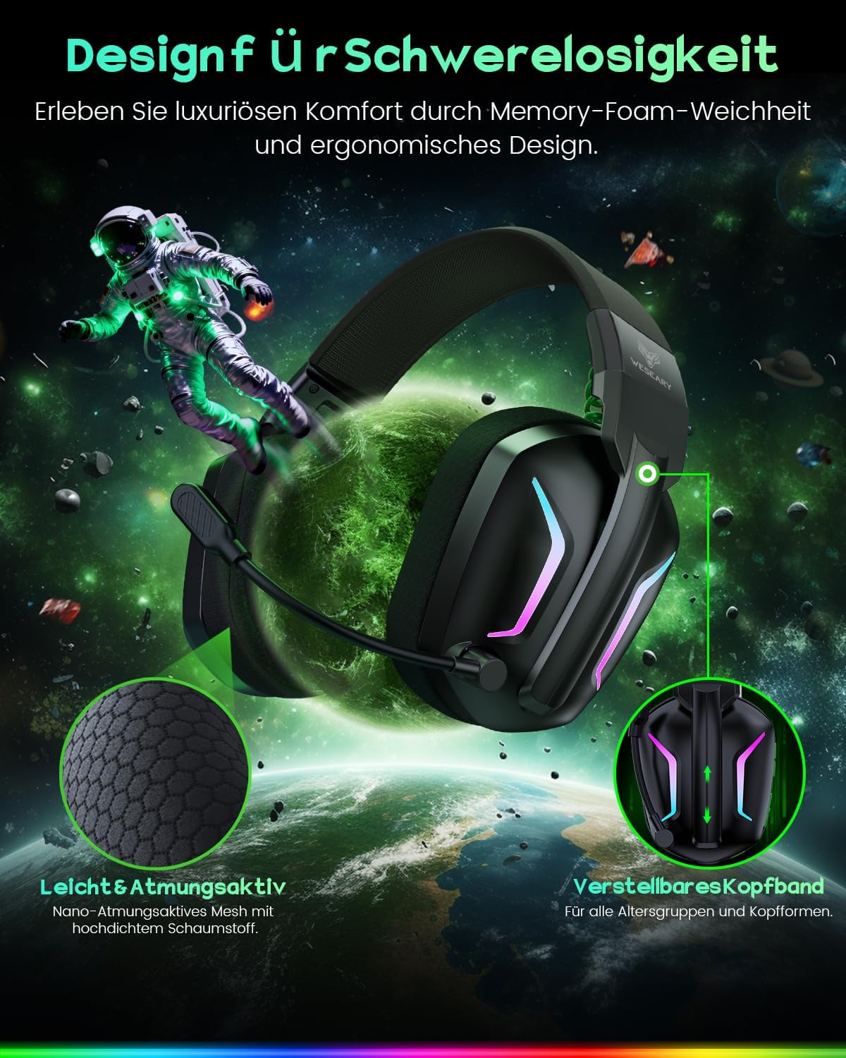 Thumbnail 6 de WESEARY Wireless Gaming Headset mit Mikrofon – 2,4 GHz & Bluetooth, 60 h Akku, Surround Sound, USB-Dongle für PS5/PS4/PC/Switch