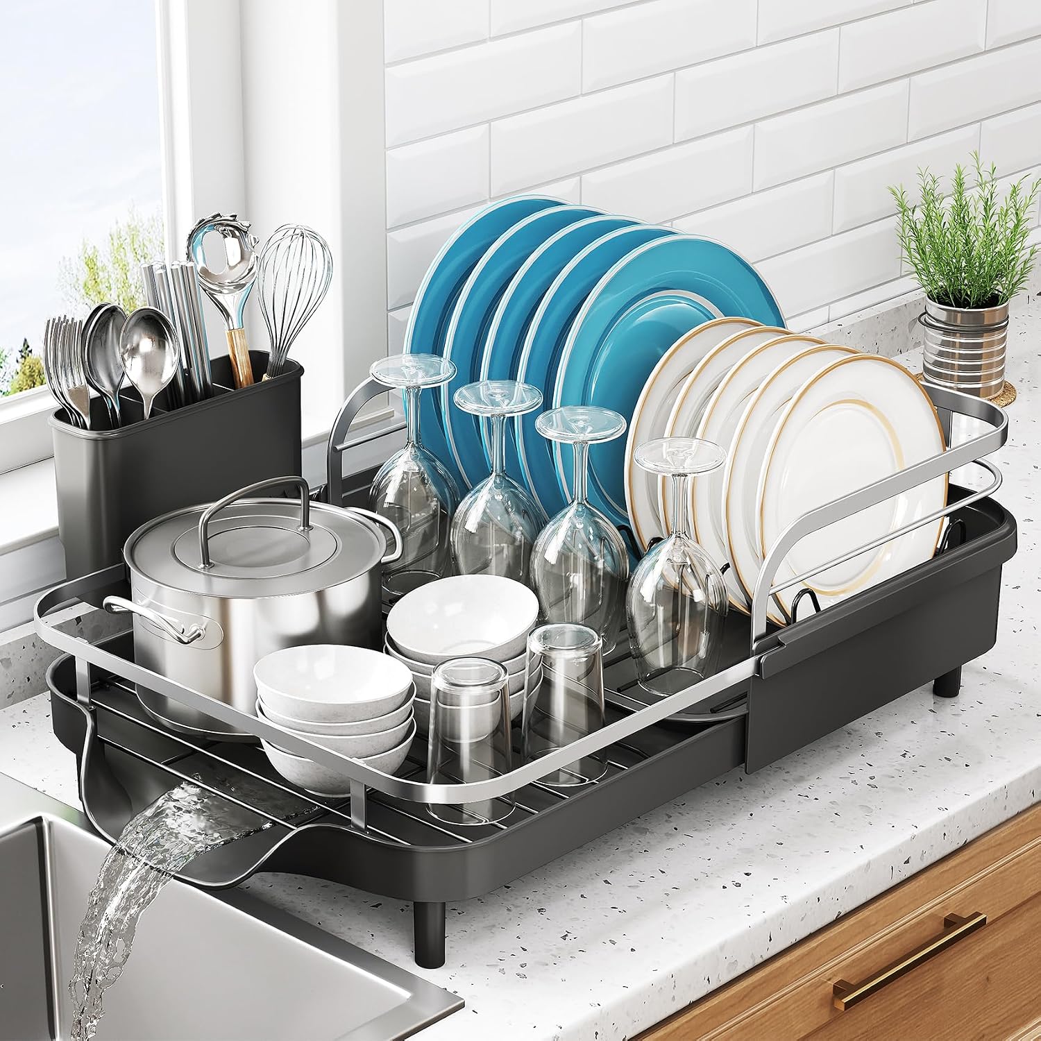 Detalle de SNTD Expandable Dish Drying Rack, Black, 15.2–22.1 in, Stainless Steel Rails
