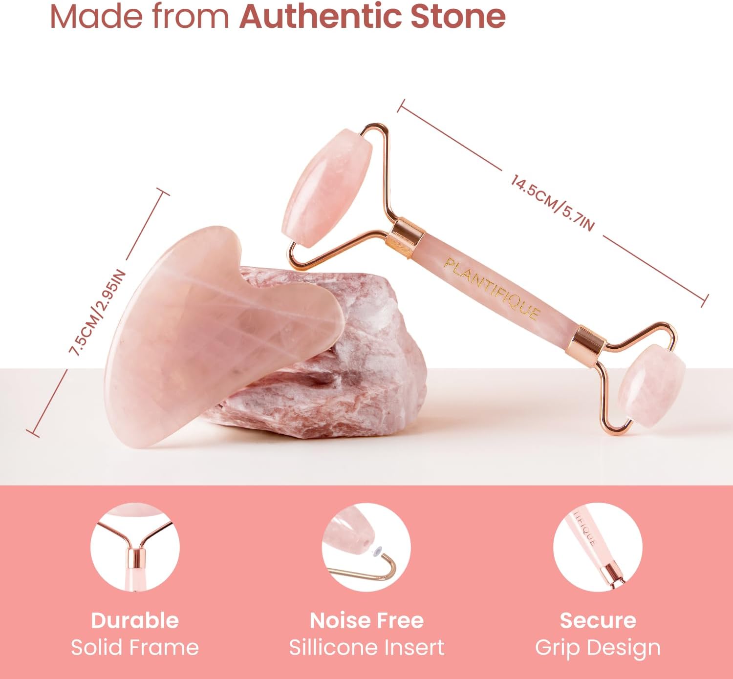 Detalle de Plantifique Rose Quartz Roller & Gua Sha Set – Face Massager & Skincare Tool