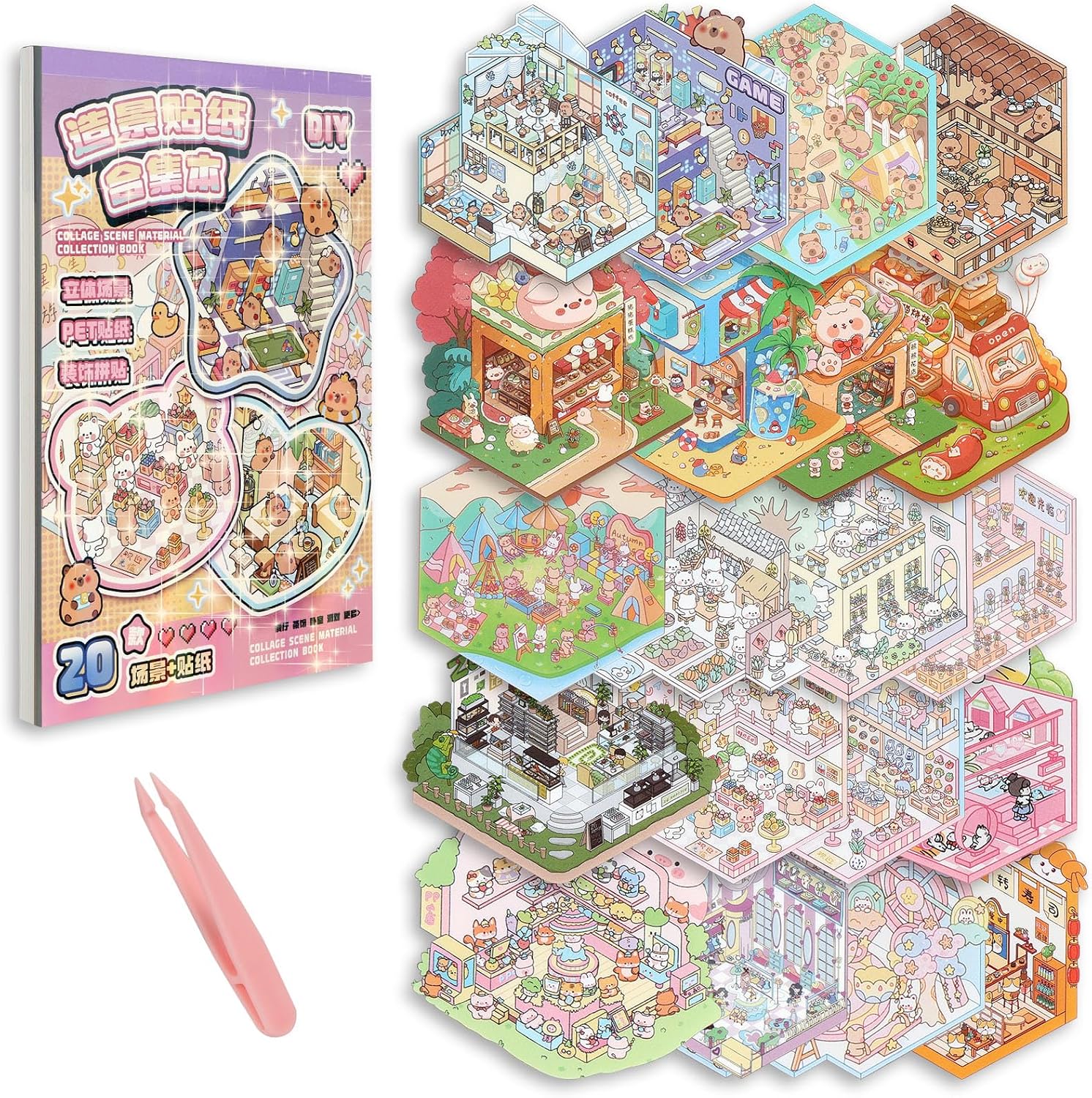 Detalle de Vicloon 3D-landschapsstickerset voor doe-het-zelf, 20 scènes en pincet