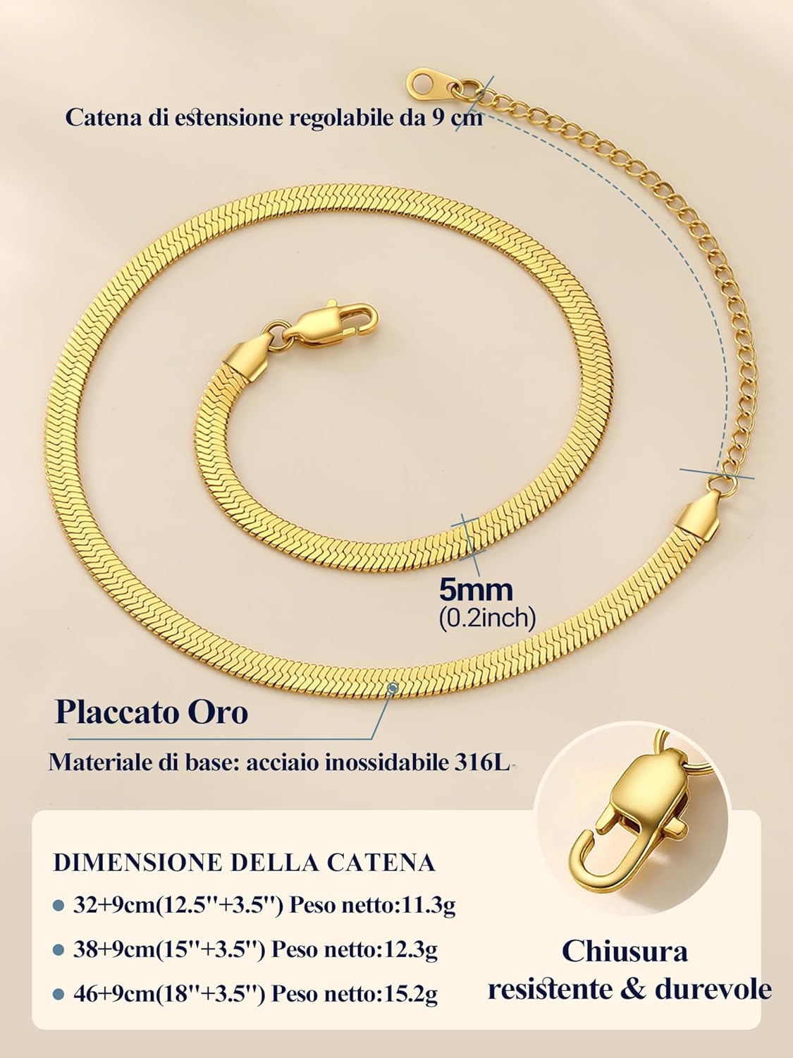 Thumbnail 4 de PROSTEEL Collana Serpente Girocollo Piatta 32/38/46 cm – oro placcato 18K, impermeabile e durevole