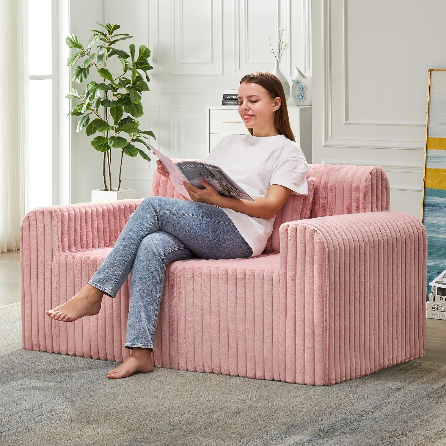 Detalle de Hobestluk NEW038-PINK-CA Foam Loveseat with Faux-Fur Fabric and 2 Pillows