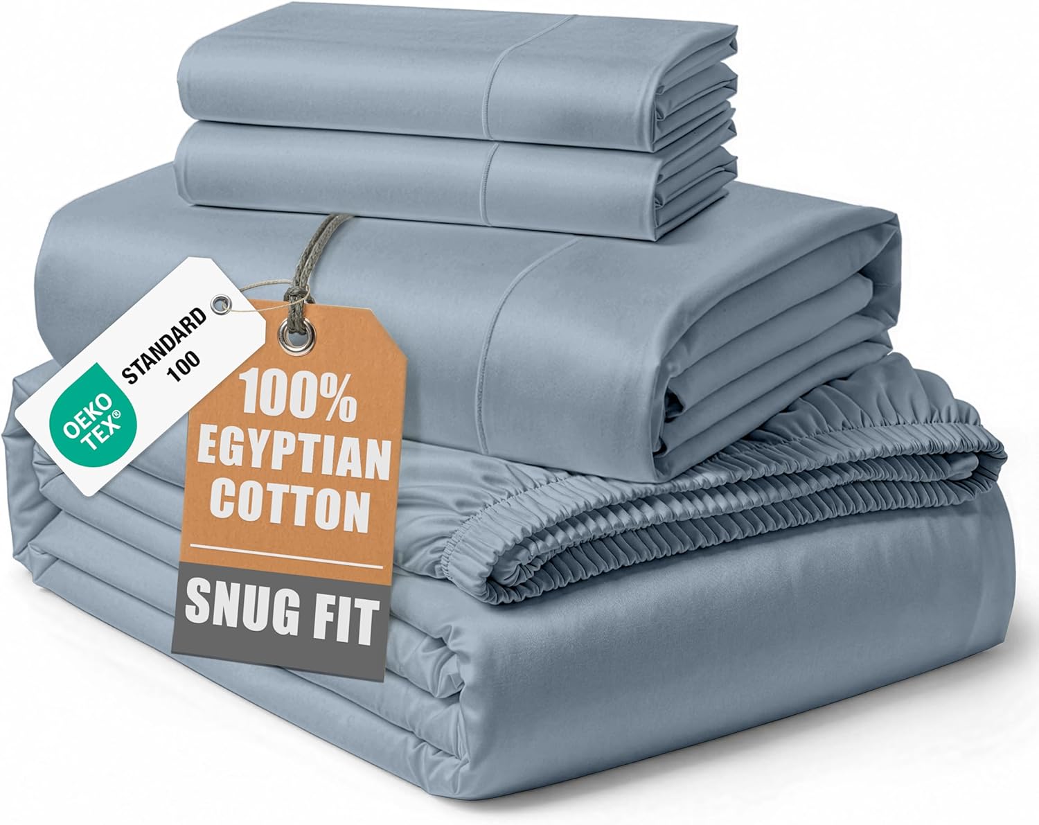 Detalle de 100% Egyptian Cotton Queen Size Sheet Set — Naturally Breathable & Ultra-Soft, French Blue with 15" Deep Pocket