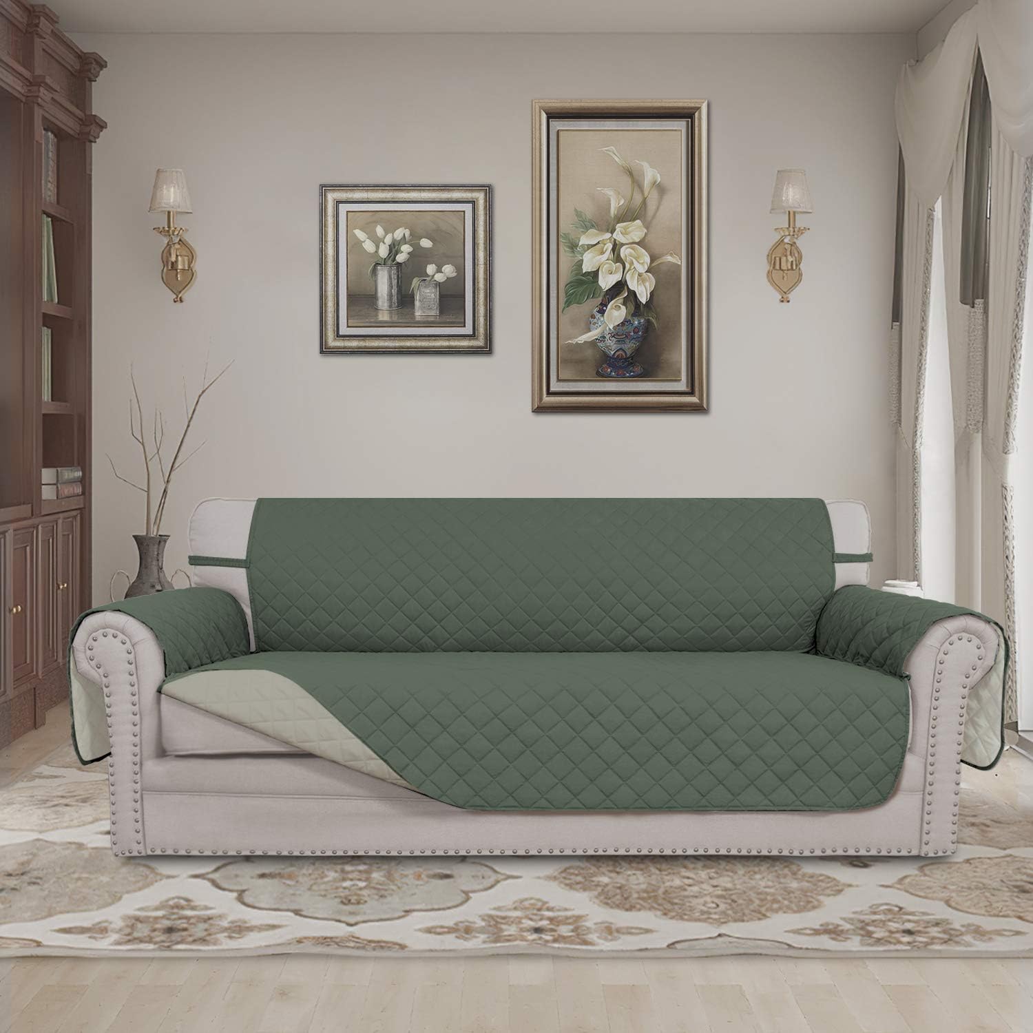 Thumbnail 1 de Easy-Going Reversible Oversized Couch Cover for 3 Cushion Sofas (Water-Resistant, Non-Slip Foam Sticks) — Greyish Green/Beige