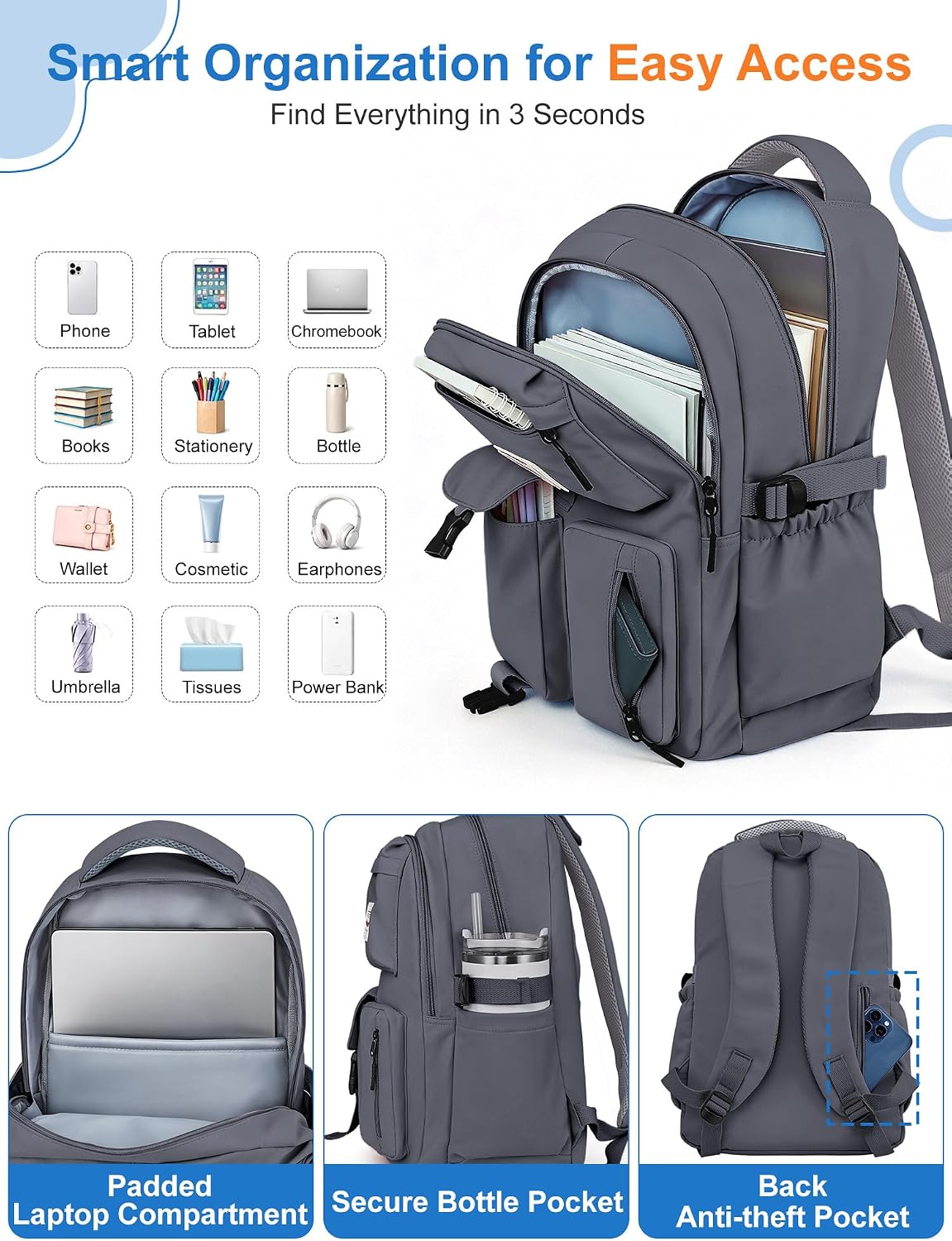 Detalle de FIORETTO Lightweight School Backpack Womens – 25L with 15.6in Laptop Compartment