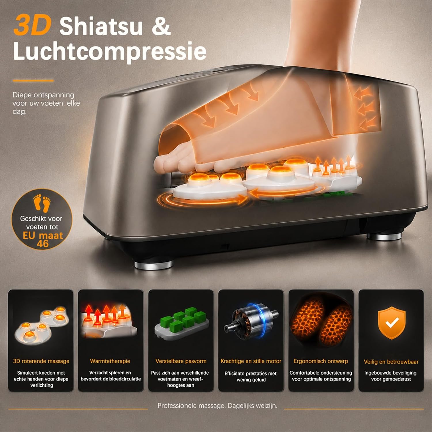 Detalle de MOUNTRAX voetmassageapparaat met warmte, shiatsu en luchtcompressie