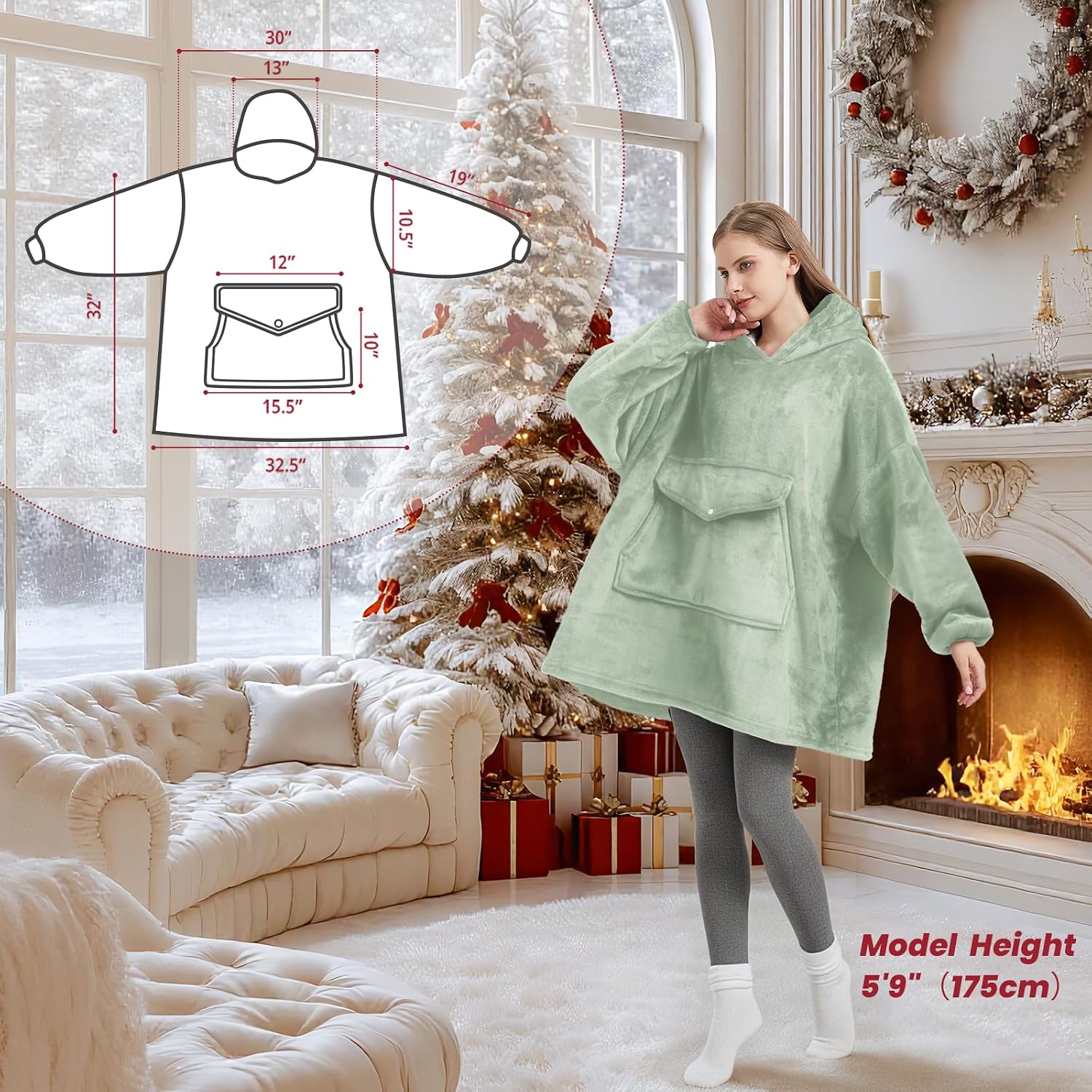 Detalle de YUGYVOB Oversized Wearable Blanket Hoodie, Light Green Sherpa with Giant Pocket