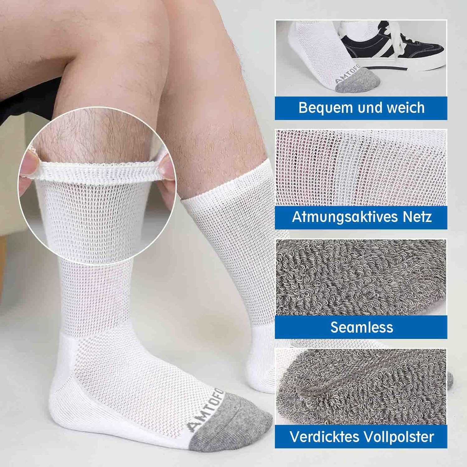 Thumbnail 4 de LOFIR calzini diabetici da uomo in cotone senza cuciture, suola imbottita e fascia extra larga (4 paia) Nero/Bianco/Grigio, taglia 39-50