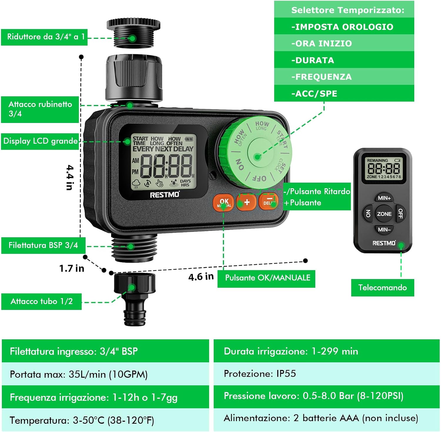 Detalle de RESTMO Timer per acqua telecomandato RF: controllo sociale dell’irrigazione esterna con avanzate funzioni