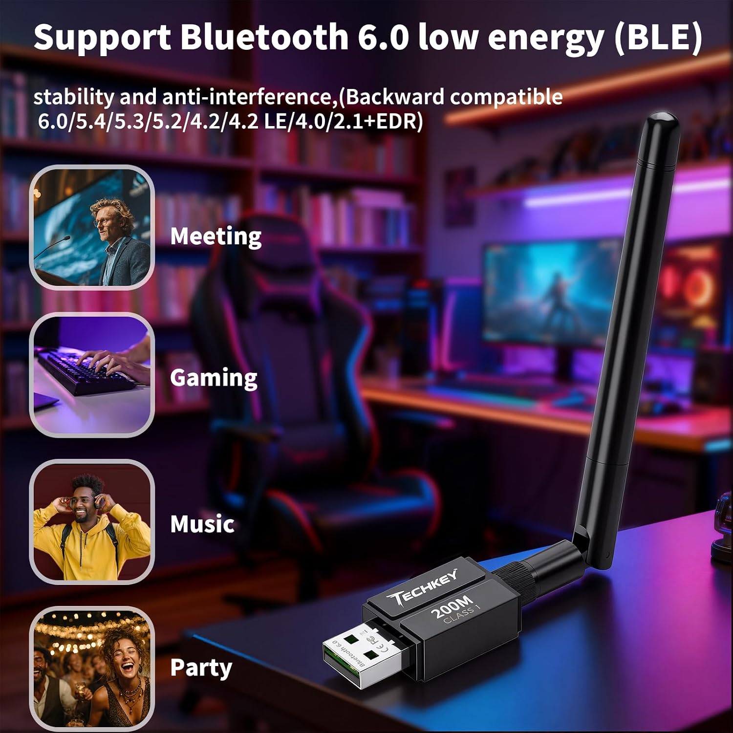 Detalle de Techkey Bluetooth USB Adapter, Bluetooth 6.0