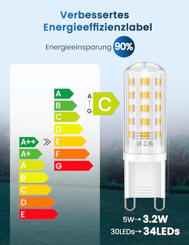 Detalle de QOJUX G9 LED Warmweiß 3.2W, 520 lm – 2700K, 34 LEDs, G9 Sockel, 5er Pack