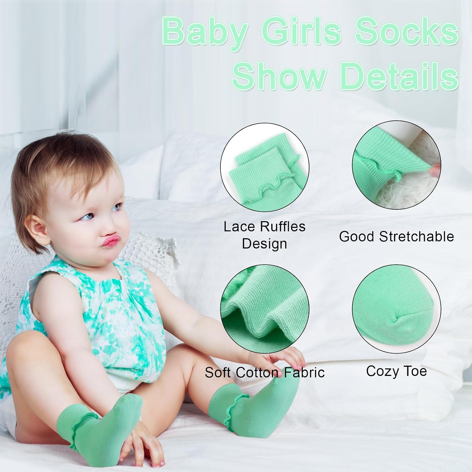 Thumbnail 3 de GENTABY 15 Pairs Baby Girls Frilly Cotton Socks (0–6 Years) – Pink, White, Yellow & Multicolour