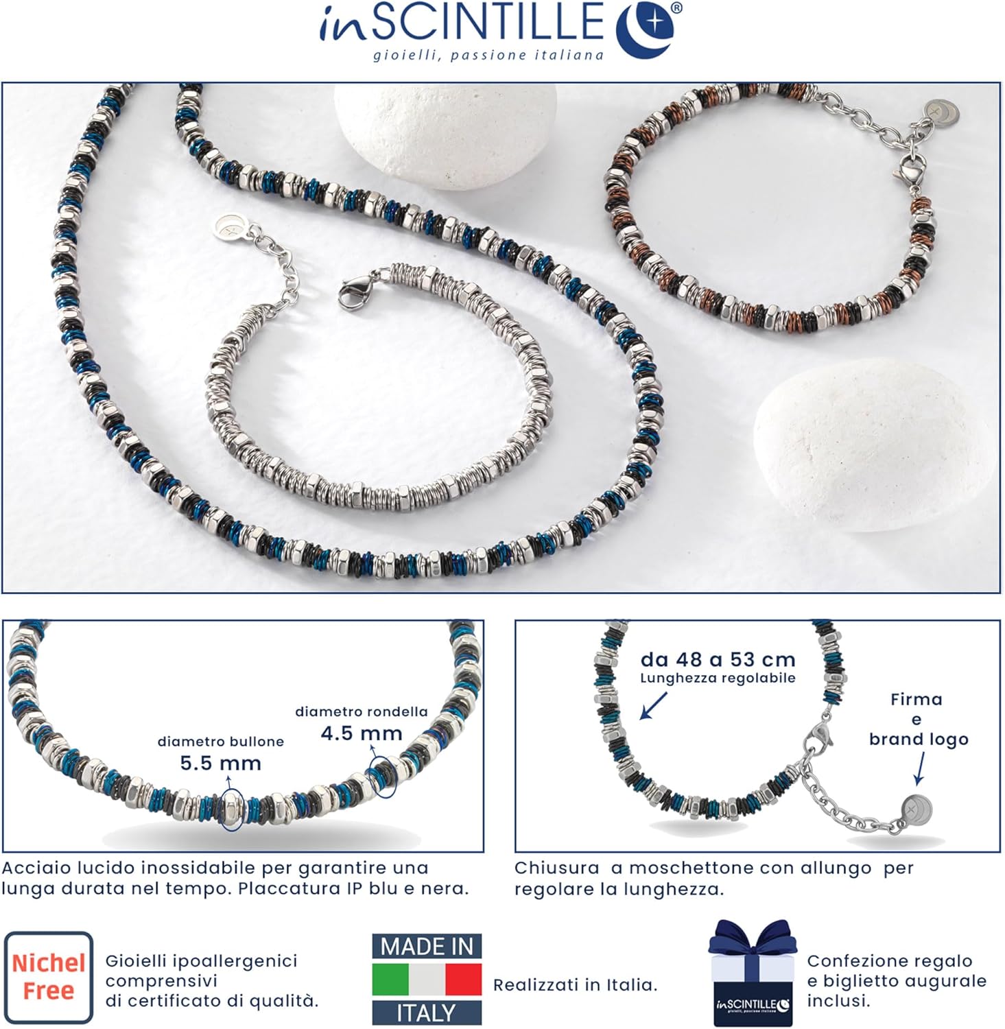 Detalle de Collier Homme inSCINTILLE en Acier Inoxydable – Longueur réglable 48–53 cm with rondelles et boulons
