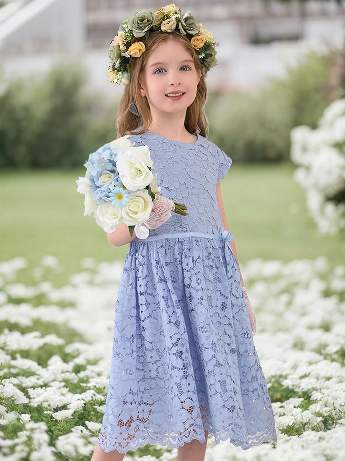 Detalle de ALLOVIN Kleid für Mädchen & Kleinkinder – Ostern Spitzenkleid mit Perlen-Schleife, A‑Linie, knielang, 2–12 Jahre