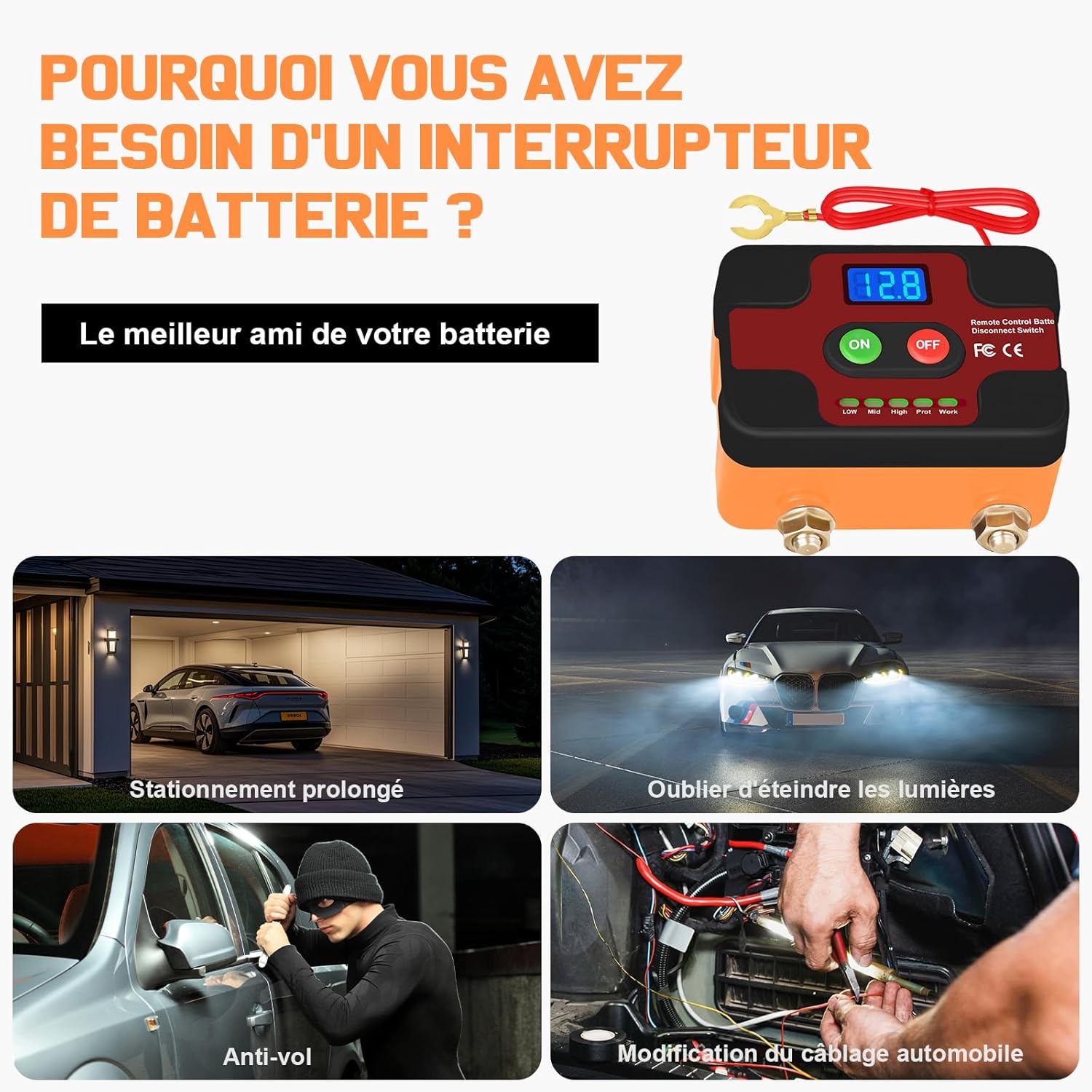 Detalle de Coupe-circuit batterie 12V sans fil avec affichage LED et télécommande – Red