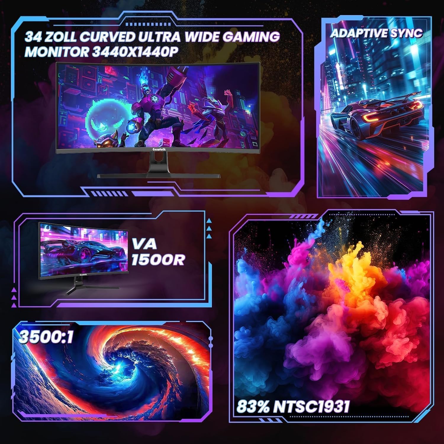 Detalle de Gawfolk Gaming Curved Monitor 34 Zoll – UWQHD, 240 Hz, 1500R