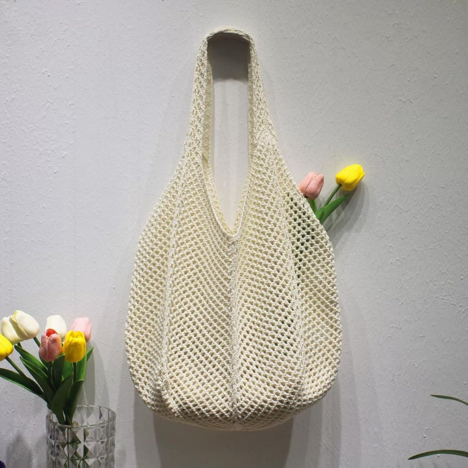 Detalle 2 de Aucuu sac fourre-tout femme en crochet ajouré : sac à bandoulière en maille pour le quotidien