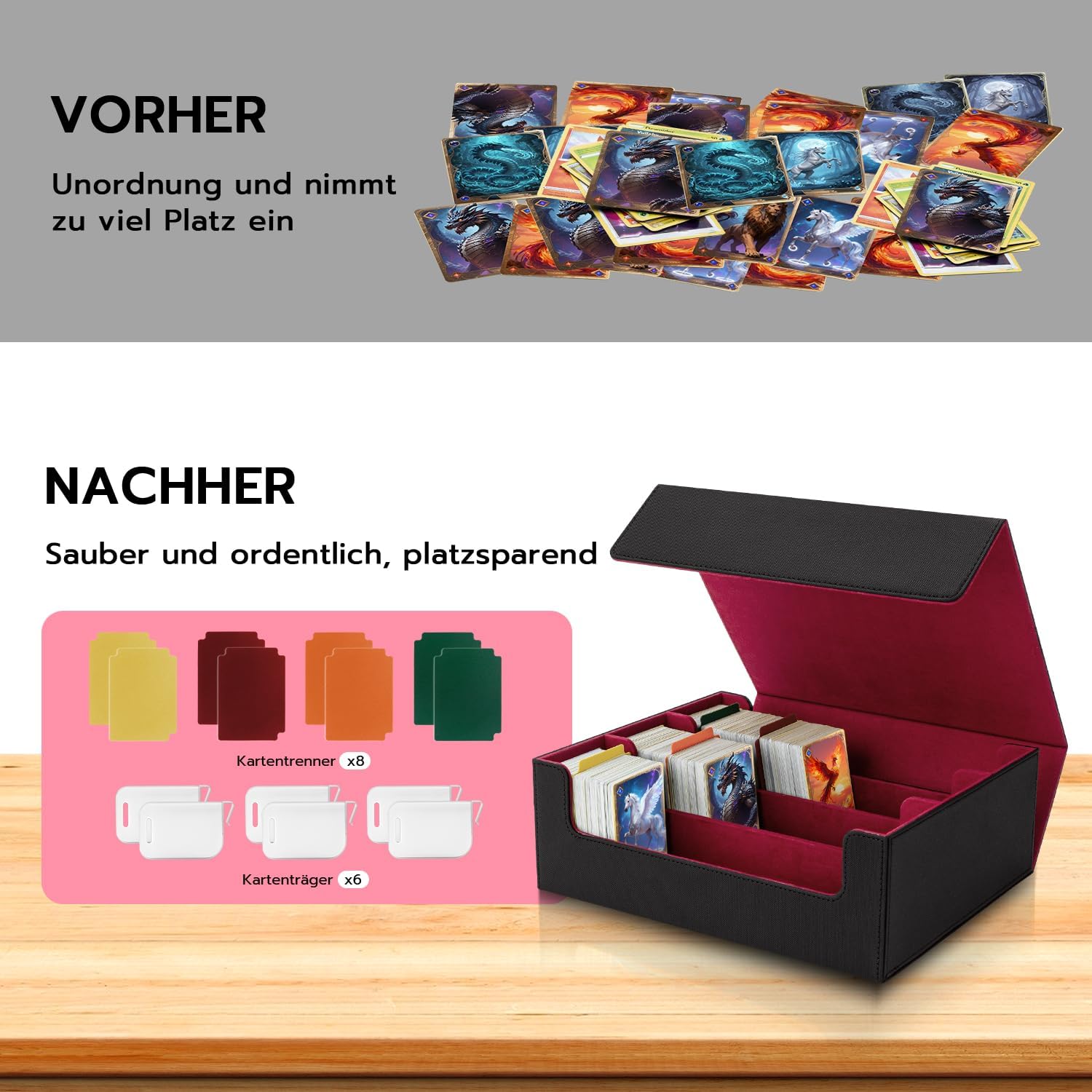 Thumbnail 6 de Tolesum Kartenbox für MTG – 1800+ Karten mit Trennwänden, PU-Leder, Magnetverschluss (Schwarz & Rot)