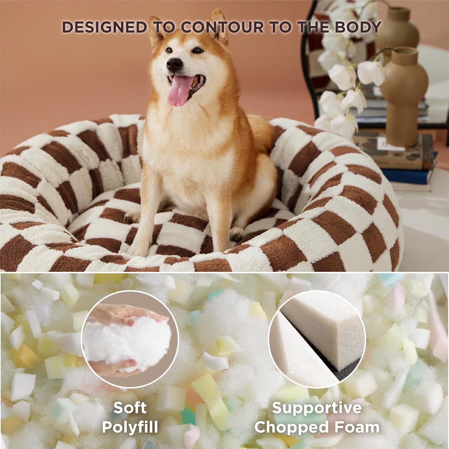 Detalle de LE SURE US-IMCDonutBed Jacquard Donut Dog Bed, 36 x 36 x 8 in, Brown Checks
