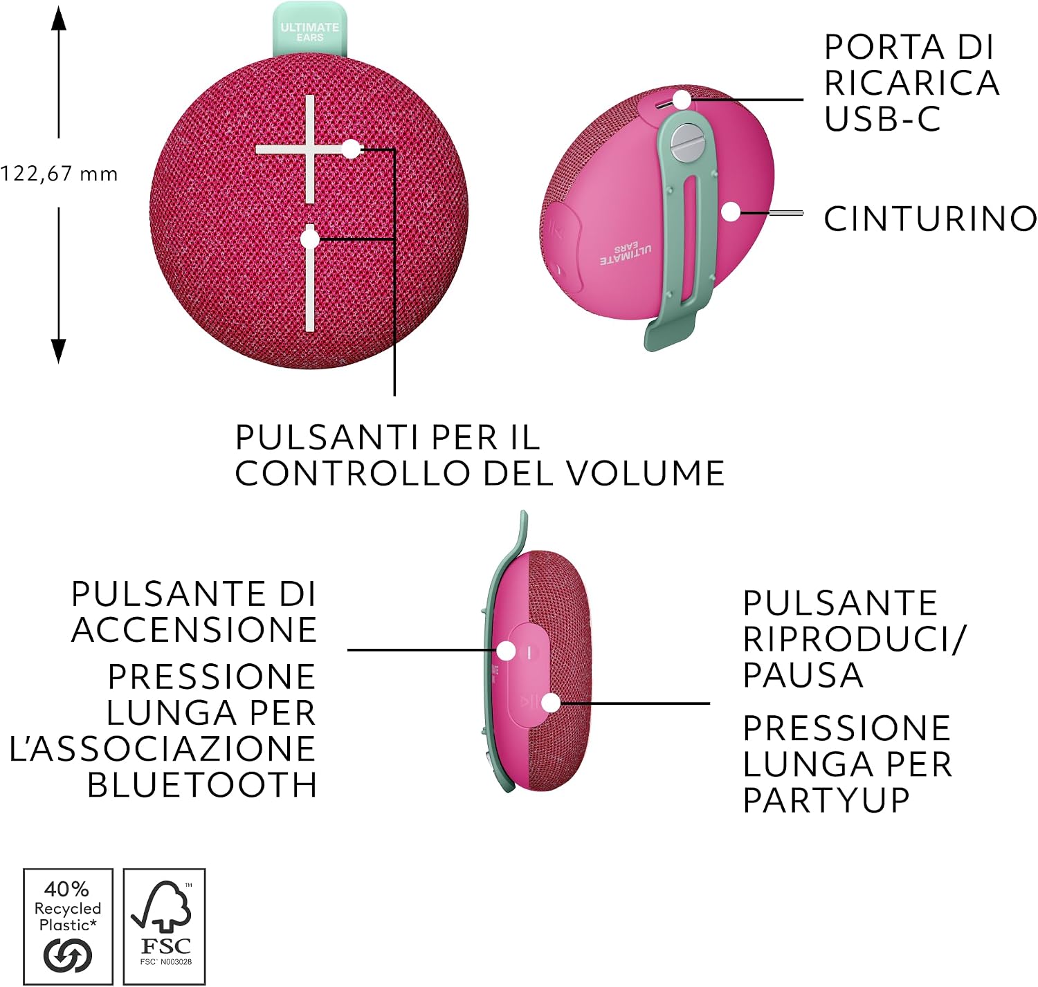 Thumbnail 6 de Ultimate Ears Miniroll – Altoparlante Bluetooth impermeabile IP67, 12 ore di autonomia, 40 m di raggio d’azione, Calming Pink