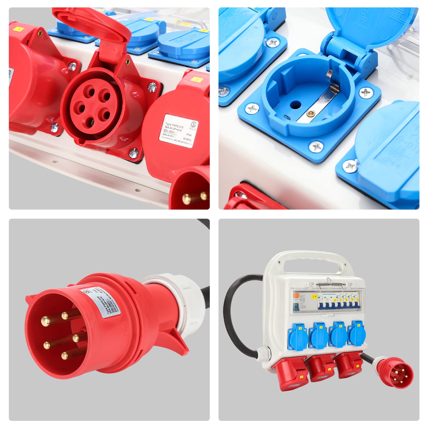 Detalle de Fiqops Baustromverteiler 32A – Wandverteiler mit FI/LS-Schutz, 4x230V, 2xCEE 16A, 1xCEE 32A, IP44