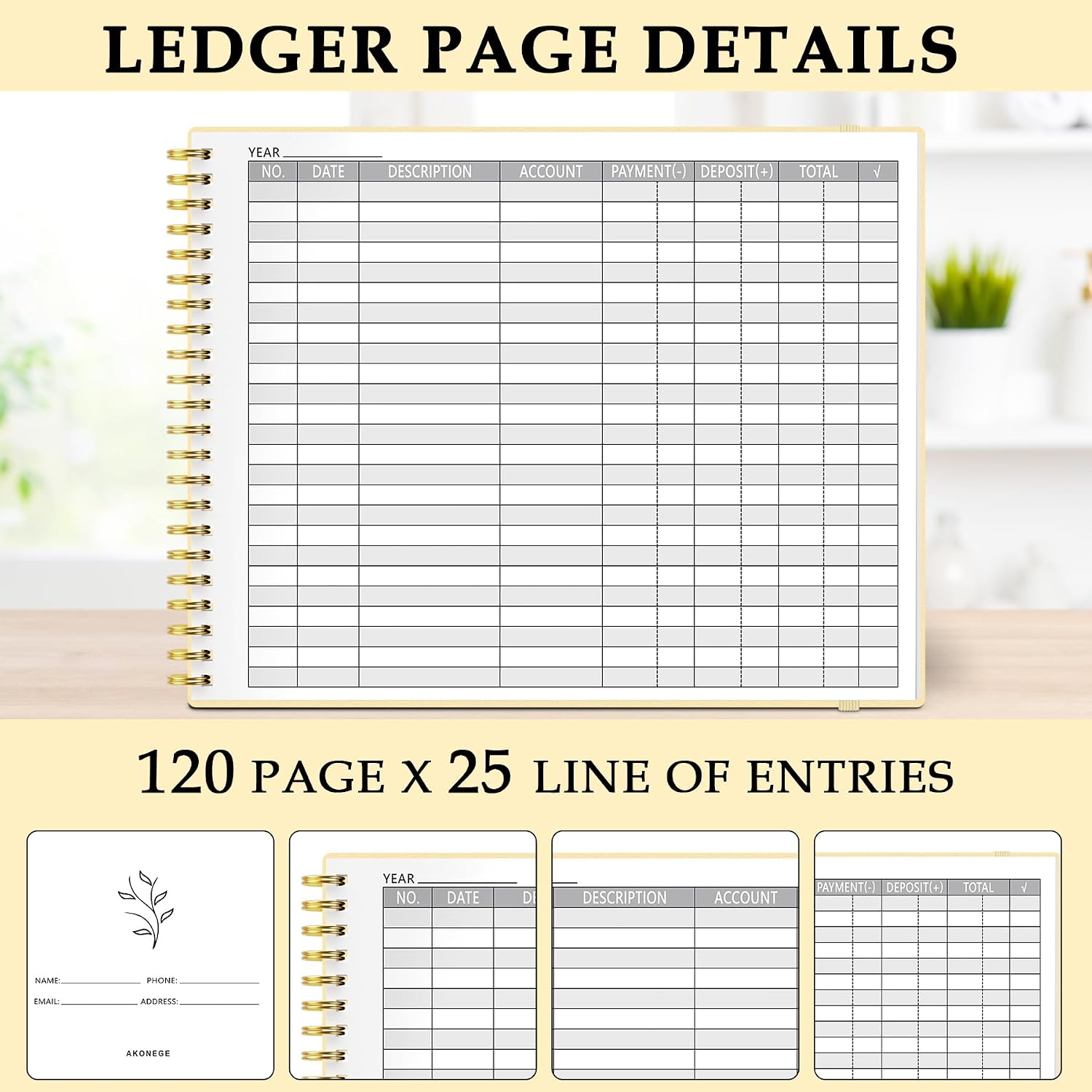 Thumbnail 2 de AKONEGE Accounting Ledger Book, 10.2 x 8 in Horizontal Expense Tracker, Light Yellow