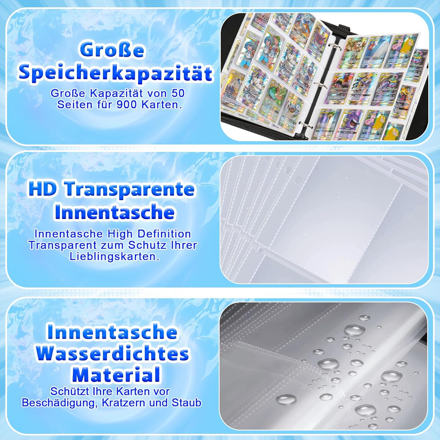 Detalle 2 de Jntmakun Sammelalbum für Pokémon Karten (S900) mit 50 Seiten und Platz für bis zu 900 Karten