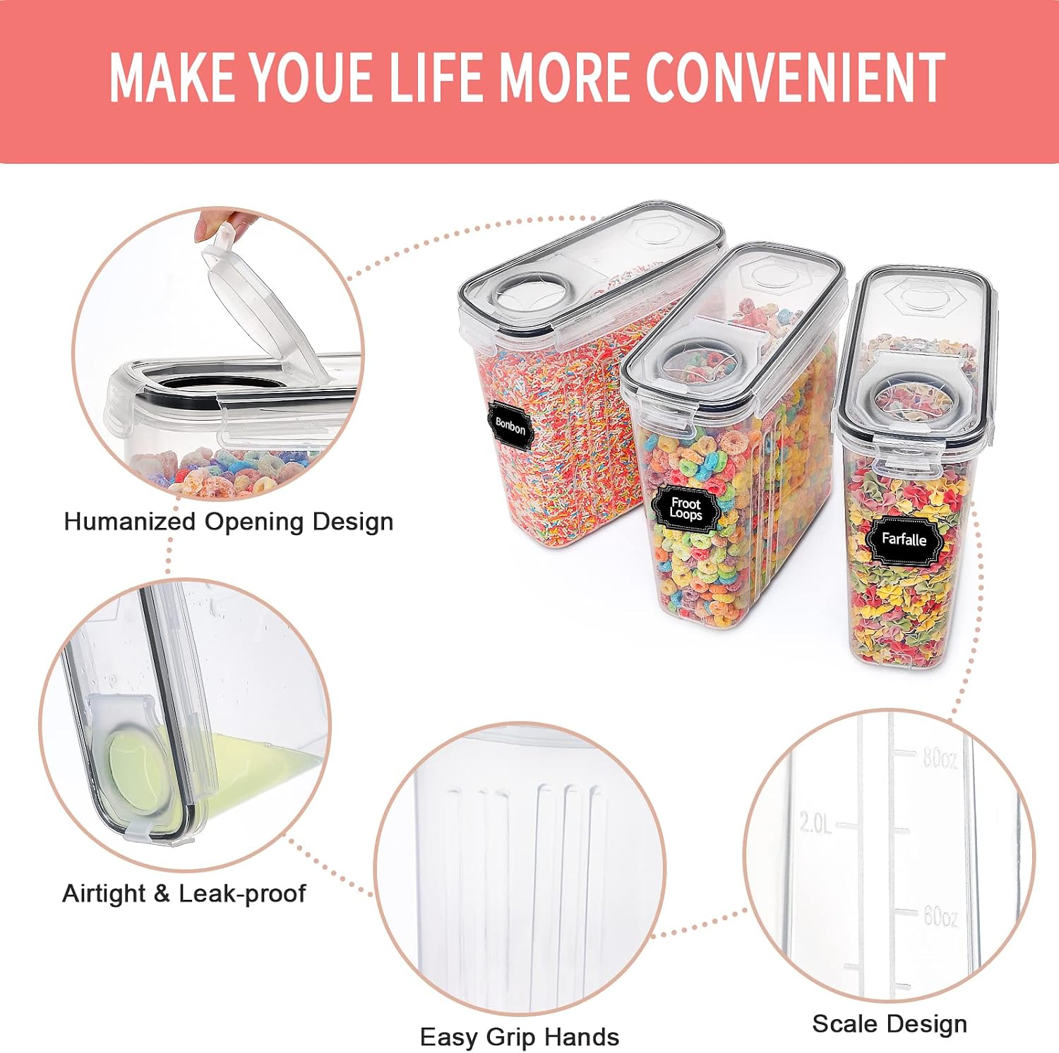 Detalle de PRAKI 4L Food Storage Containers, 6-Piece Stackable Set with Pour Spouts