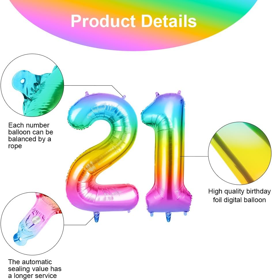 Thumbnail 2 de OFFCUP Ballon d’anniversaire 21 ans arc-en-ciel (chiffre 101 cm) – ballons à hélium numéro 21