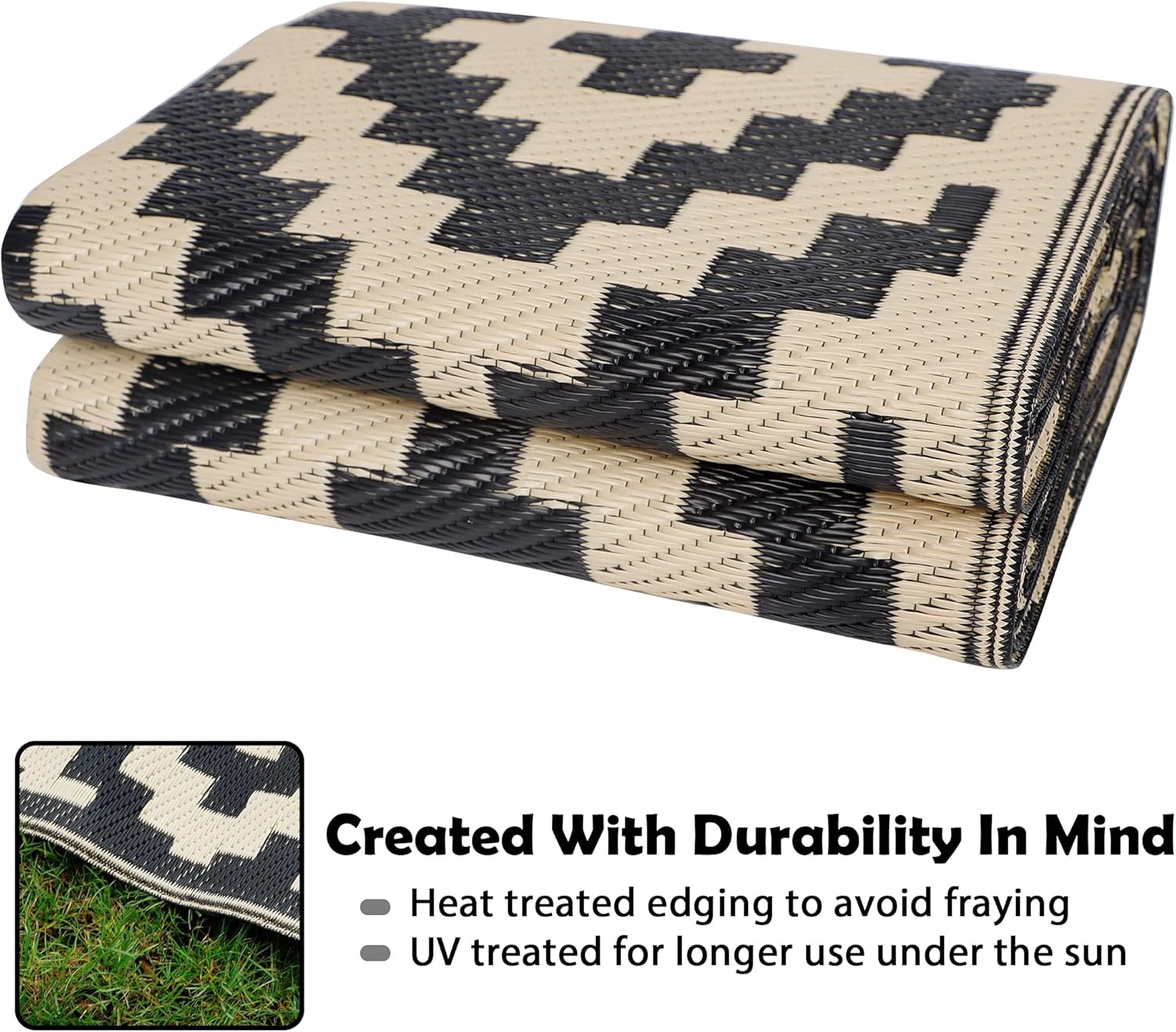 Detalle de SAND MINE Waterproof Outdoor Rug 5x8 ft (Plastic Reversible, Black & Beige)