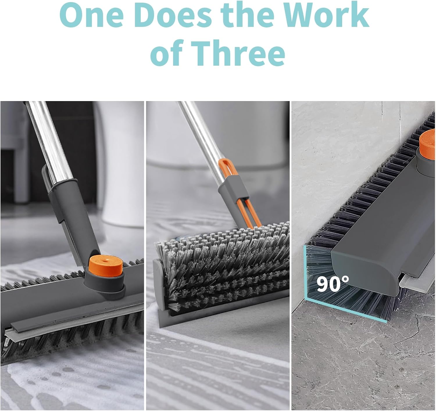 Detalle de Floor Scrub Brush with Long Handle — 3-in-1 Scrape and Heavy-Duty Stiff Bristle Scrubber (Gray, 1 Pack)