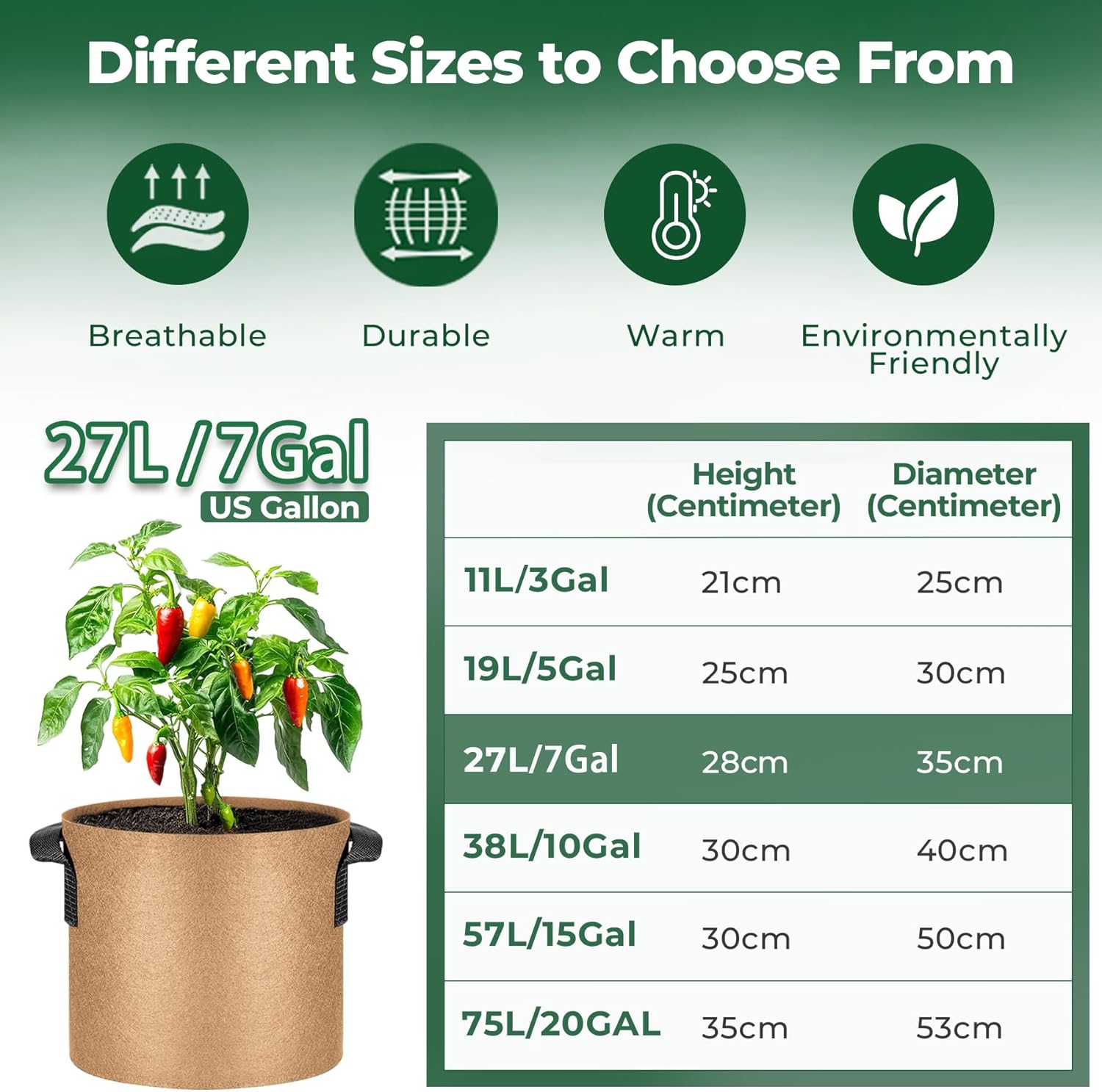 Thumbnail 4 de T4U 5-Pack 7 Gallon Fabric Grow Bags with Handles (Heavy Duty Smart Pots)