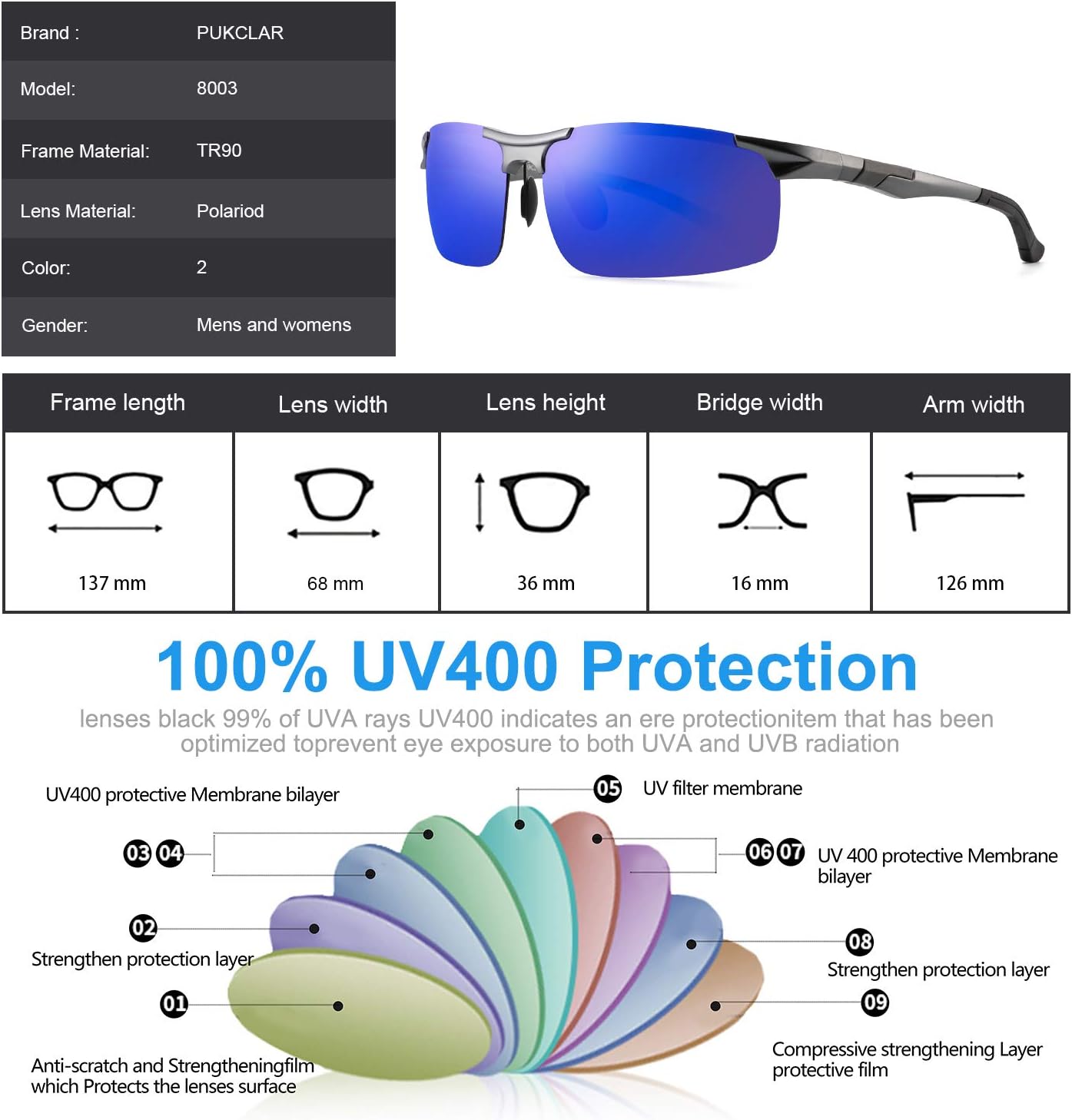 Detalle de PUKCLAR Herren Sonnenbrille Polarisierte Sportbrille Polarisierte Sportbrille Fahrerbrille mit Al-Mg Rahmen, rechteckig, Cat 3
