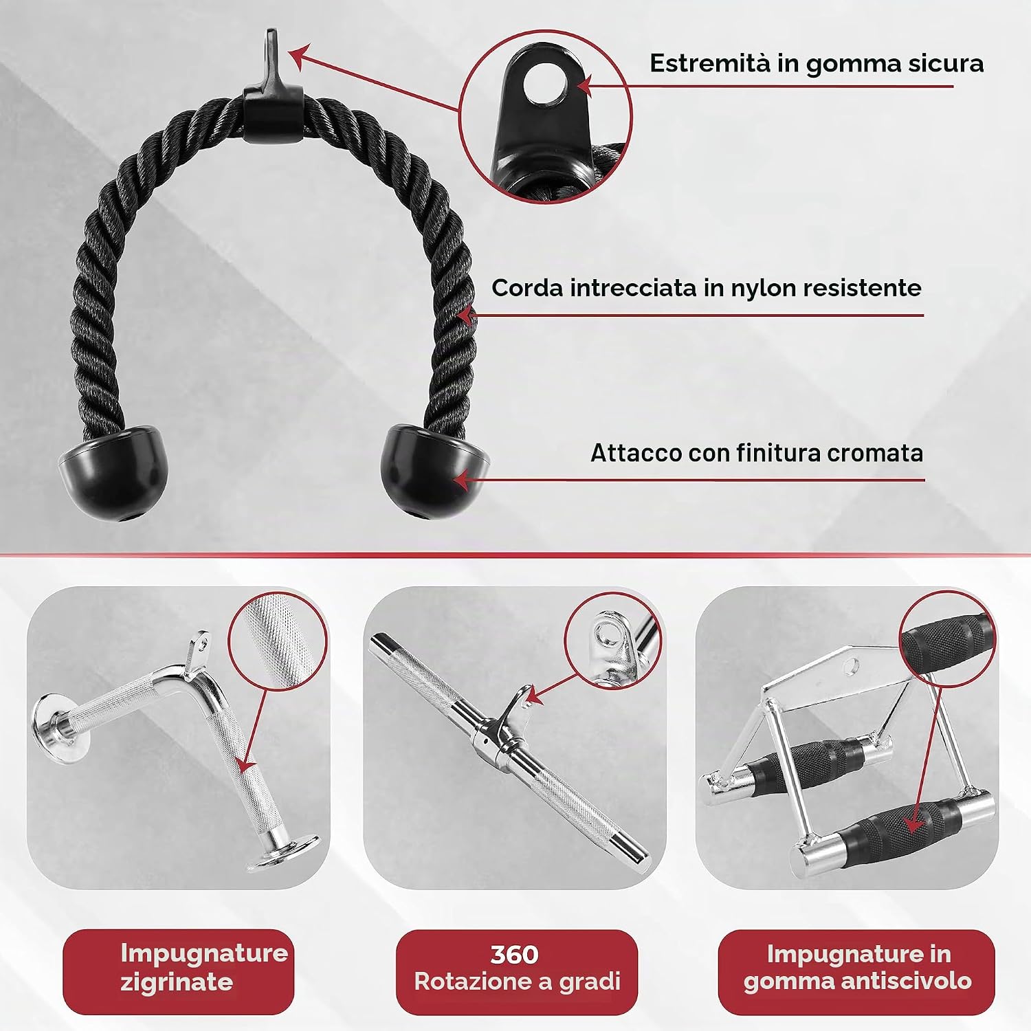 Detalle 2 de Yes4All cavo per tricipiti 68,6 & 91,4 cm con corde e barre (4 colori), sistema di pulegge e moschettone