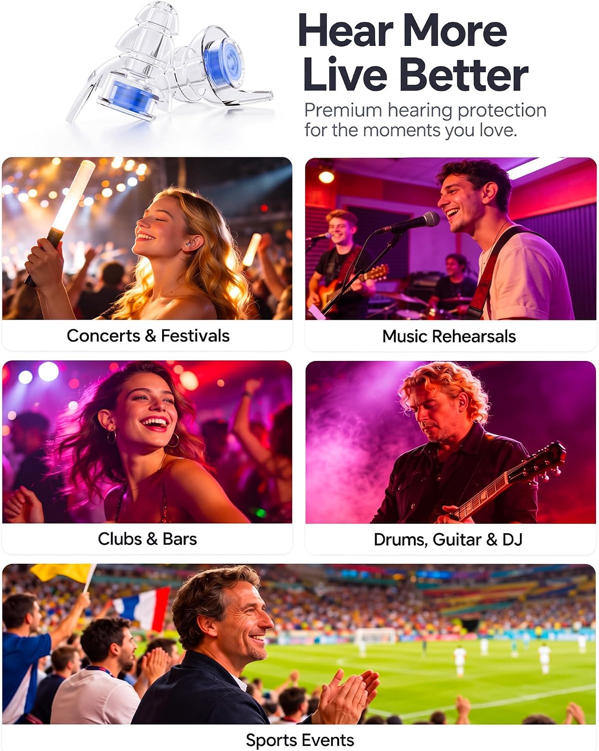 Thumbnail 6 de Eargrace Bouchon Oreille Concert – 2 paires réutilisables avec réduction de bruit 23 dB pour Musiciens, DJ, Festivals et événements bruyants