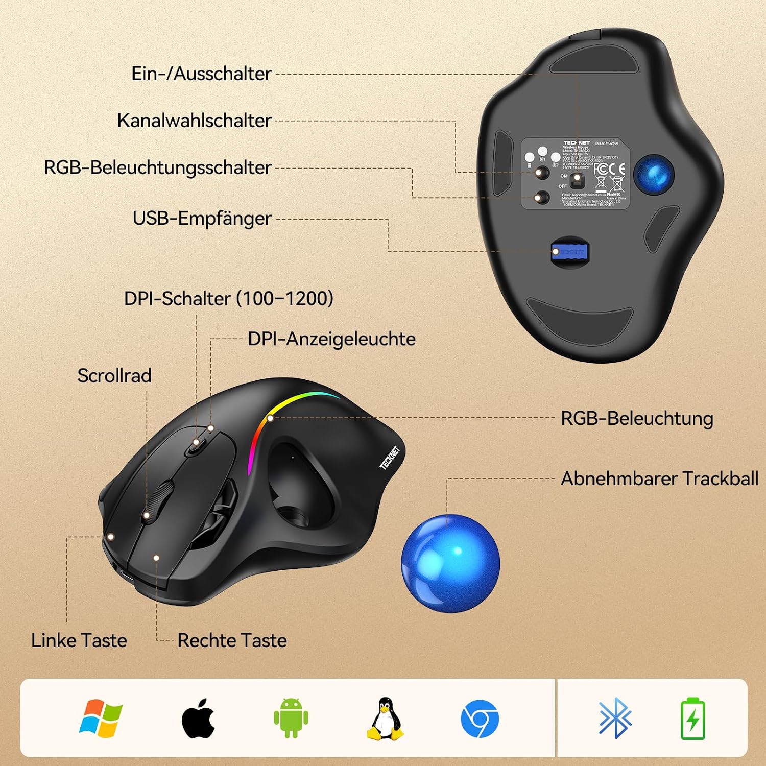 Thumbnail 6 de TECKNET Trackball Maus 3-Geräte-Verbindung