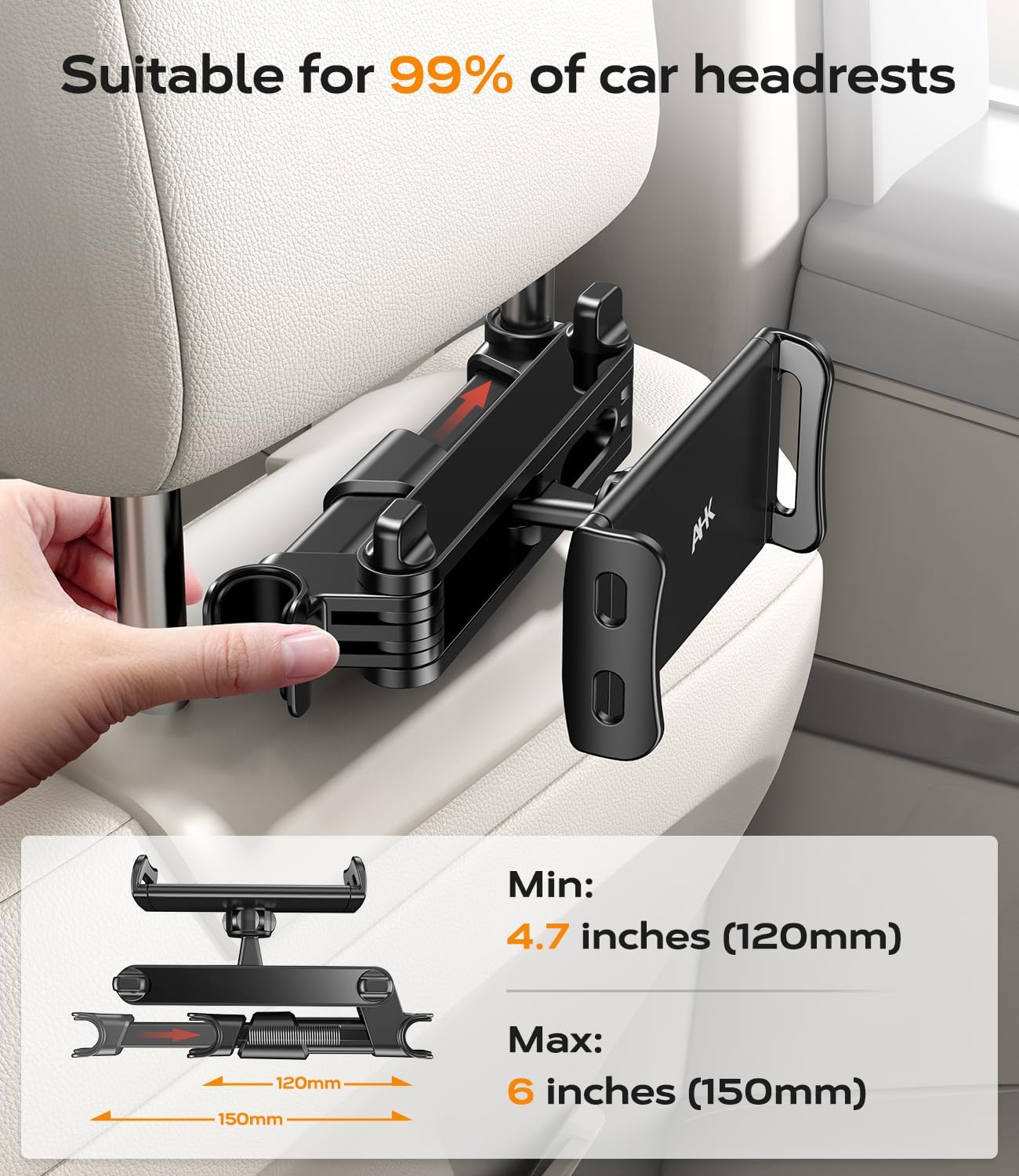 Detalle de AHK Support Tablette Voiture Extensible — Support d'appuie-tête rotatif 360° pour tablettes 4,4–11 pouces