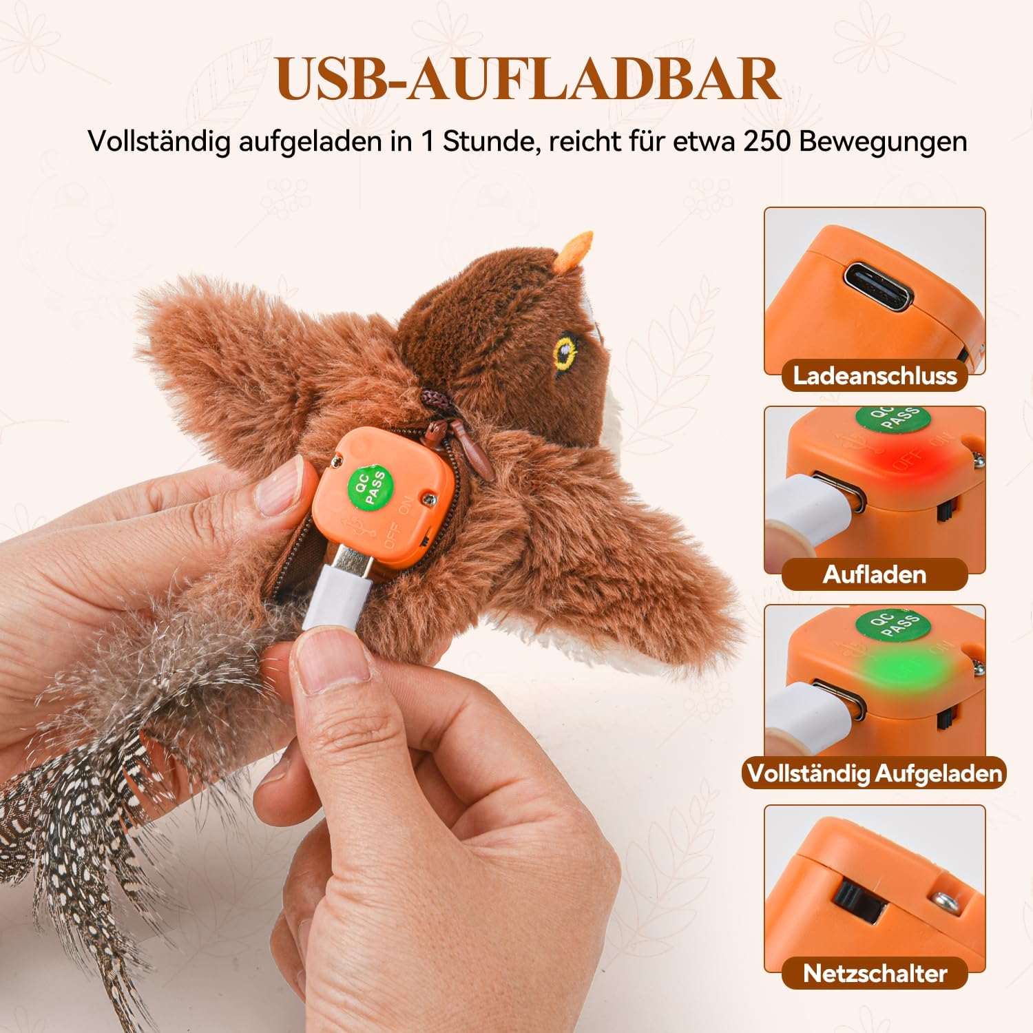 Detalle de LIFLIX Jouet interactif pour chat “Petit Oiseau” battant des ailes, rechargeable USB avec herbe à chat