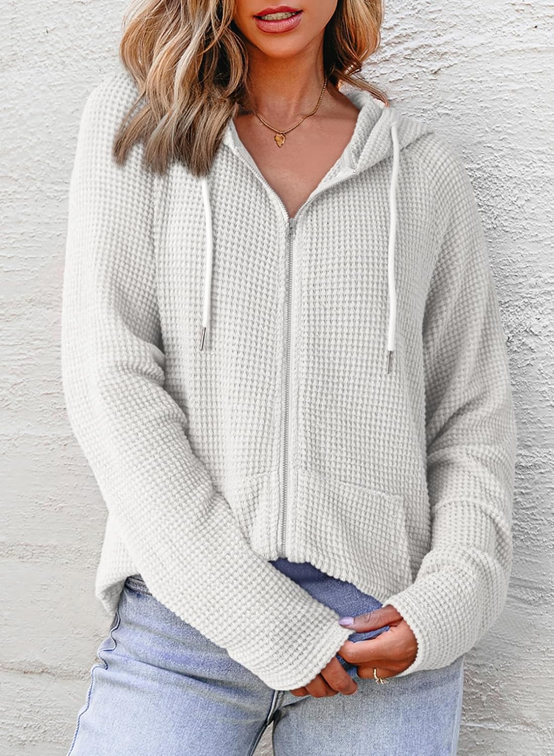 Detalle de Dokotoo Women's Full Zip Up Hoodies in Waffle Knit – Long Sleeve Drawstring Casual Sweatshirt