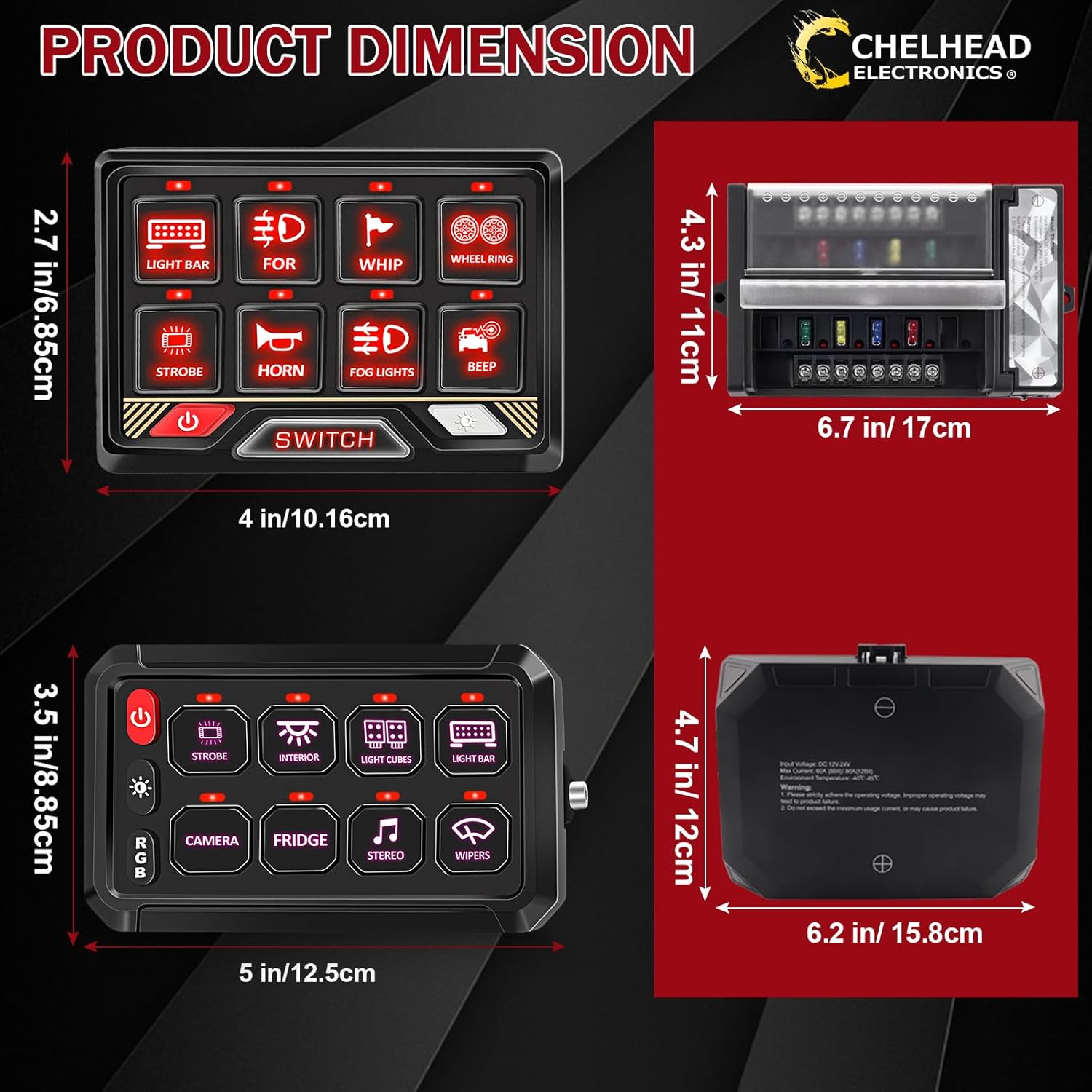 Detalle de Chelhead Schalttafel-Set 12 V/24 V mit RGB-Taste, Touch-Steuerung und 8 Schaltboxen (kurzzeitig dimmbare Stroboskopfunktion)