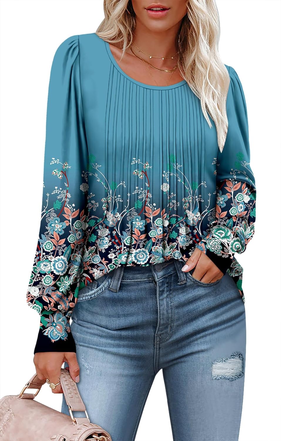 Thumbnail 4 de CHICZONE Women's Round Neck Button-Up Pleated Tunic Blouse