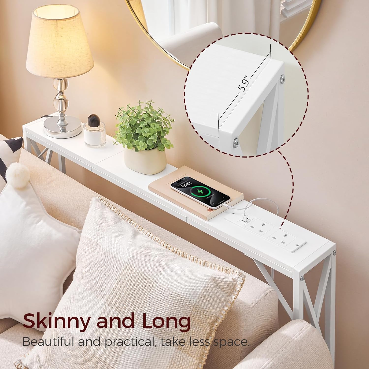 Thumbnail 3 de MAHANCRIS Console Table with Charging Station (100 cm narrow) with USB ports and power outlets, White