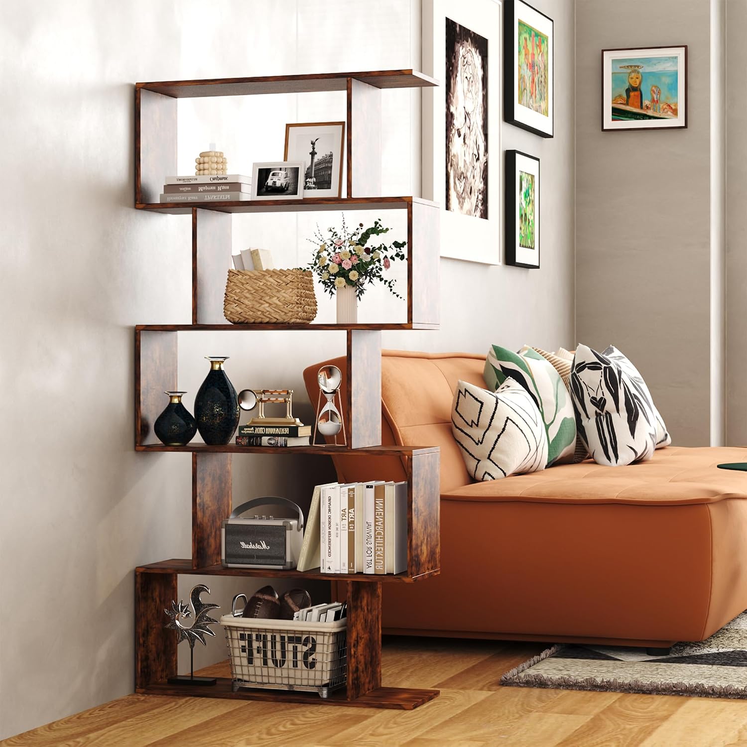 Detalle de Yusong S-Shaped 5-Tier Bookshelf, Rustic Brown Geometric Display Shelf