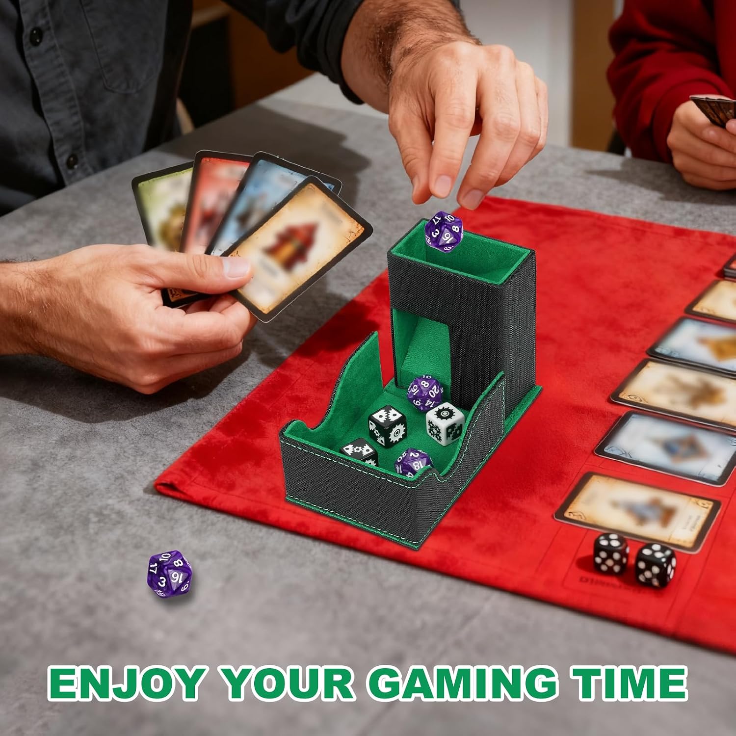 Detalle 2 de T351 Dice Case-GN-CA Foldable Dice Tower, Magnetic PU Leather Tray, Black & Green