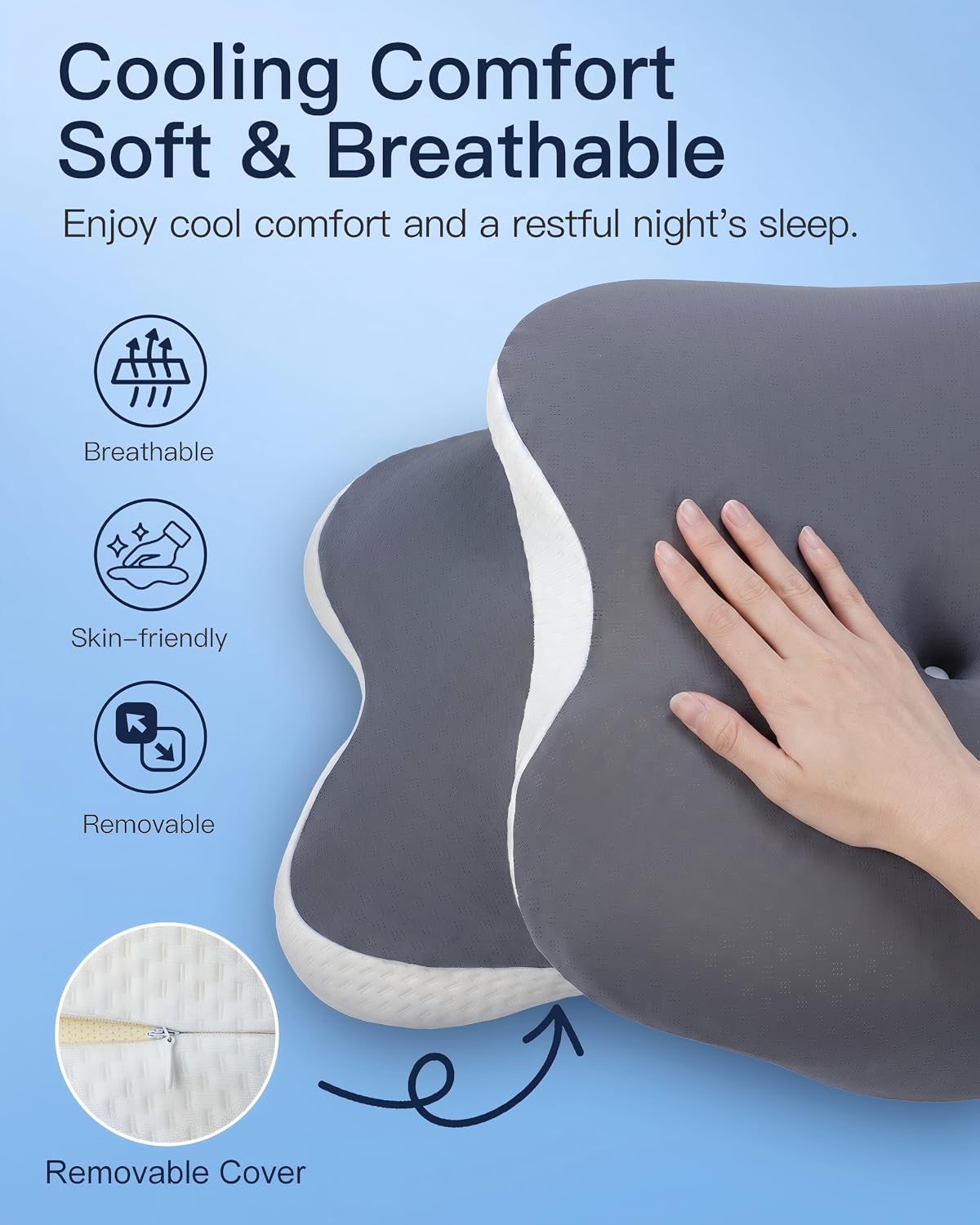 Thumbnail 6 de CloudNook Ergonomic Cervical Pillow, Gray, Dual-Height Memory Foam, 60 × 35 × 14 cm