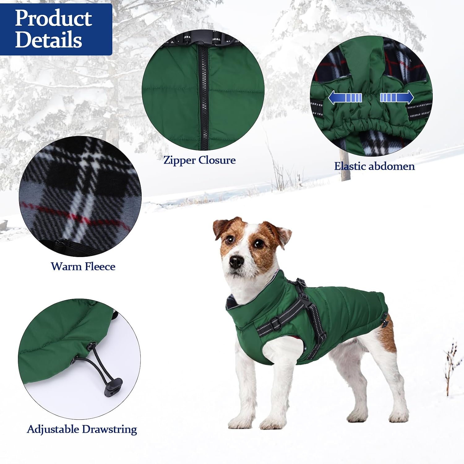 Thumbnail 3 de babepet Warm Pet Dog Coats with Harness – Waterproof Green Small Dog Jacket Coat (with Chest Strap, Zip Up) – XL