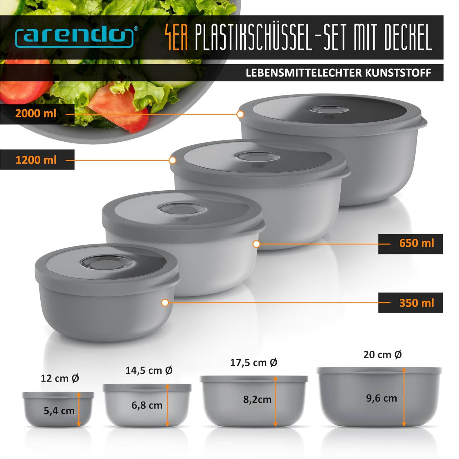 Detalle 2 de arendo Schüssel-Set mit Deckel (4-tlg.) – Salat- und Rührschüsseln in 0,35 bis 2 Liter
